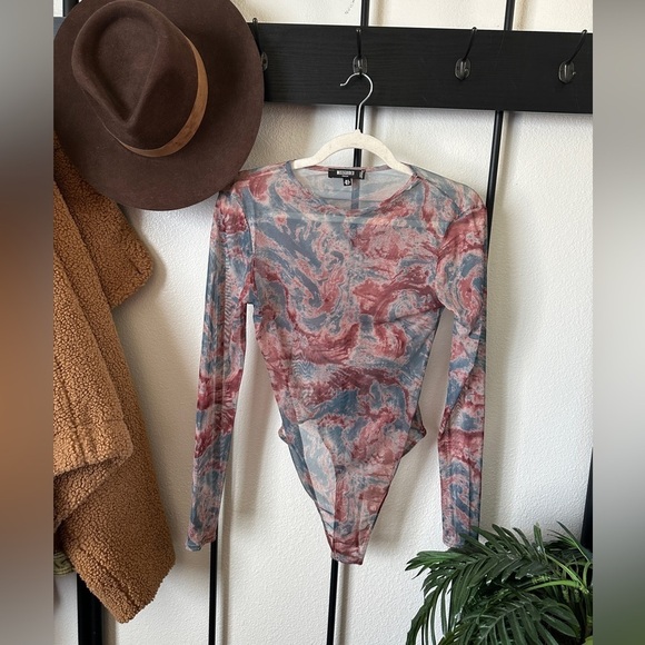 Misguided tie dye sheer long sleeve mesh fitted stretch bodysuit y2k 90s shirt - Picture 1 of 5